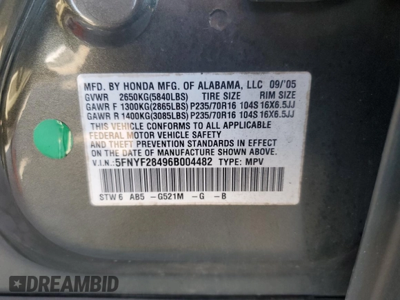 2006 Honda Pilot EX with VIN 5FNYF28496B004482, listed as a Copart auction lot 49183715 with 144,589 mi miles and Salvage Title. Bid and sale history available at DreamBid. Image 13.