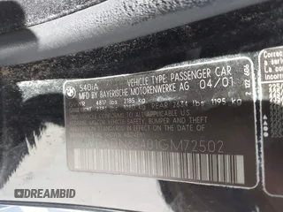 2001 BMW 5 Series 540i z VIN WBADN63401GM72502, wystawiony jako IAAI lot #42457683 z przebiegiem Nie podano mil oraz . Historia ofert i sprzedaży dostępna na DreamBid. Obrazek 9.