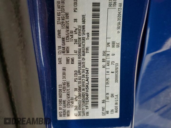 2019 Ford Ranger XL with VIN 1FTER4FH5KLA01047, listed as a Copart auction lot 54661465 with 47,646 mi miles and Salvage title. Bid and sale history available at DreamBid. Image 13.