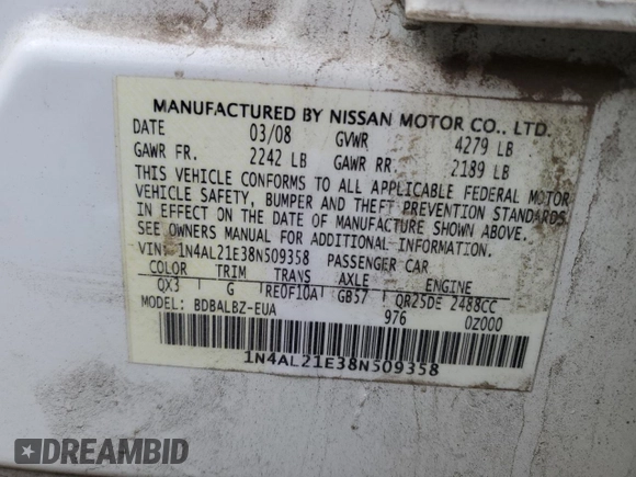 2008 Nissan Altima 2.5 with VIN 1N4AL21E38N509358, listed as a Copart auction lot 52186525 with 151,786 mi miles and Salvage Title. Bid and sale history available at carsss.com. Image 12.