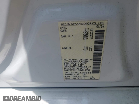 2016 Nissan Altima SR with VIN 1N4AL3AP7GC219688, listed as a IAAI auction lot 42267866 with 110,786 mi miles and . Bid and sale history available at DreamBid. Image 9.
