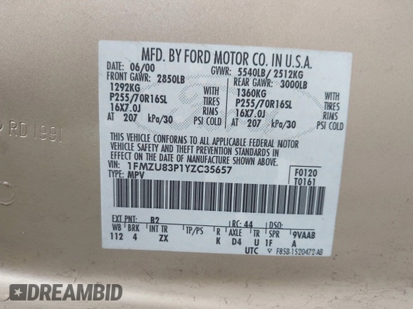 2000 Ford Explorer XLT z VIN 1FMZU83P1YZC35657, wystawiony jako IAAI lot #42278366 z przebiegiem Nie podano mil oraz . Historia ofert i sprzedaży dostępna na DreamBid. Obrazek 9.