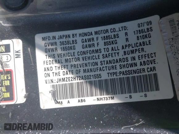2010 Honda Insight EX with VIN JHMZE2H72AS021555, listed as a IAAI auction lot 42129289 with 172,829 mi miles and . Bid and sale history available at DreamBid. Image 9.