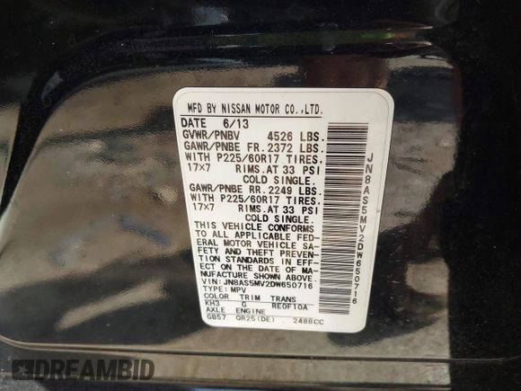 2013 Nissan Rogue SL with VIN JN8AS5MV2DW650716, listed as a IAAI auction lot 41786809 with 88,170 mi miles and . Bid and sale history available at DreamBid. Image 9.
