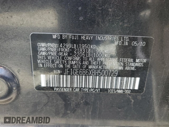 2011 Subaru Impreza Premium with VIN JF1GE6B6XBH500729, listed as a Copart auction lot 45536075 with 132,203 mi miles and Salvage title. Bid and sale history available at DreamBid. Image 12.