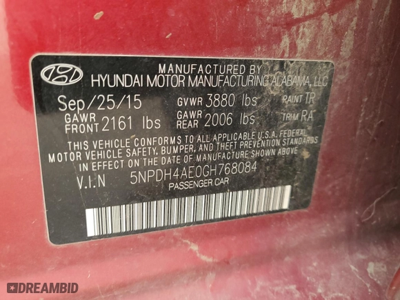 2016 Hyundai Elantra SE with VIN 5NPDH4AE0GH768084, listed as a Copart auction lot 48236215 with 97,476 mi miles and Salvage Title. Bid and sale history available at carsss.com. Image 14.