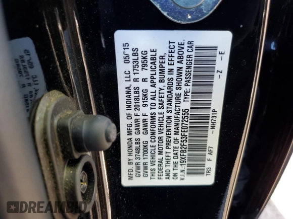 2015 Honda Civic Sedan LX with VIN 19XFB2F53FE072555, listed as a Copart auction lot 49179385 with 35,480 mi miles and Salvage Title. Bid and sale history available at carsss.com. Image 13.
