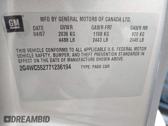 2007 Buick LaCrosse CX с VIN 2G4WC552771236194, выставлен на аукционе IAAI как лот 41863780 с пробегом 104 215 миль миль и . История ставок и продаж доступна на DreamBid. Изображение 9.