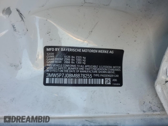 2021 BMW 3 Series 330e with VIN 3MW5P7J08M8B78255, listed as a Copart auction lot 42032355 with 73,815 mi miles and Salvage Title. Bid and sale history available at carsss.com. Image 15.