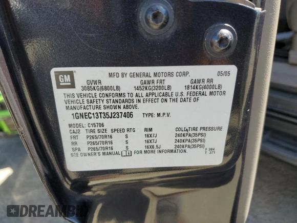 2005 Chevrolet Tahoe LS with VIN 1GNEC13T35J237406, listed as a Copart auction lot 69884414 with 0 mi miles and Salvage Title. Bid and sale history available at carsss.com. Image 13.