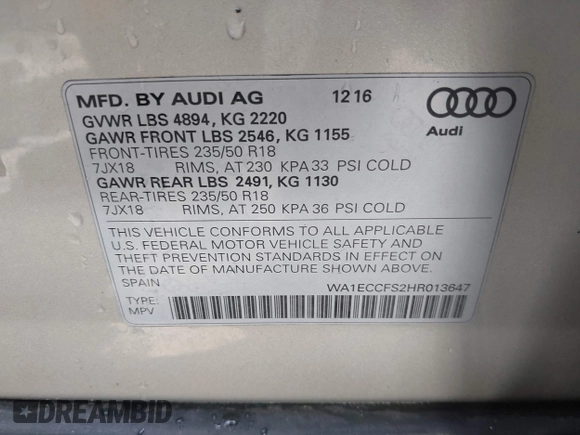 2017 Audi Q3 Premium with VIN WA1ECCFS2HR013647, listed as a IAAI auction lot 42376718 with Not provided miles and . Bid and sale history available at DreamBid. Image 9.