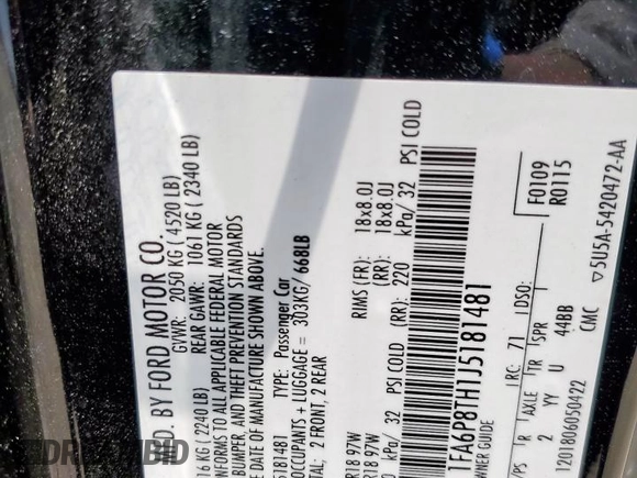 2018 Ford Mustang EcoBoost with VIN 1FA6P8TH1J5181481, listed as a Copart auction lot 59443525 with 67,617 mi miles and Salvage title. Bid and sale history available at DreamBid. Image 12.