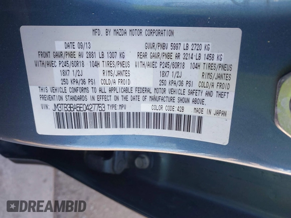 2014 Mazda CX-9 Sport with VIN JM3TB3BA5E0427753, listed as a IAAI auction lot 41679267 with 135,993 mi miles and . Bid and sale history available at DreamBid. Image 9.
