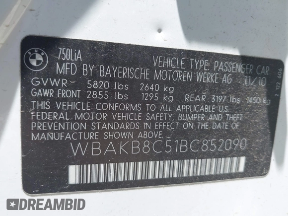 2011 BMW 7 Series 750Li с VIN WBAKB8C51BC852090, выставлен на аукционе IAAI как лот 42612038 с пробегом 101 179 миль миль и . История ставок и продаж доступна на DreamBid. Изображение 9.