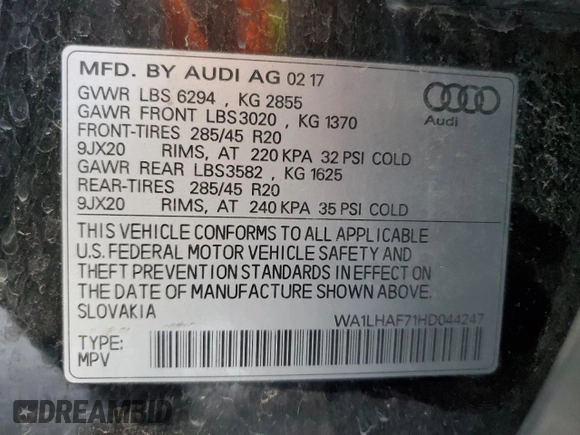 2017 Audi Q7 Premium Plus z VIN WA1LHAF71HD044247, wystawiony jako Copart lot #43962745 z przebiegiem 188 500 mil mil oraz Czysty tytuł • Clean title. Historia ofert i sprzedaży dostępna na DreamBid. Obrazek 13.
