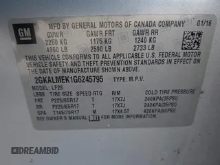 2016 GMC Terrain SLE with VIN 2GKALMEK1G6245795, listed as a IAAI auction lot 41516892 with 165,563 mi miles. Bid and sale history available at carsss.com. Image 9.