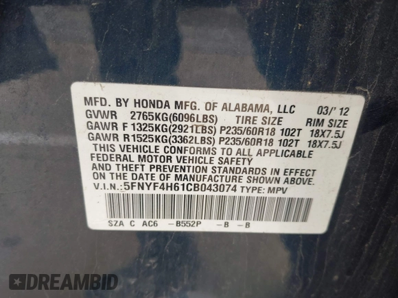 2012 Honda Pilot EX-L with VIN 5FNYF4H61CB043074, listed as a IAAI auction lot 42173097 with 234,192 mi miles. Bid and sale history available at carsss.com. Image 9.