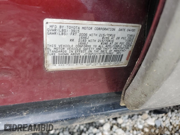 2000 Toyota RAV4 with VIN JT3GP10VXY7076862, listed as a Copart auction lot 54583465 with 247,997 mi miles and Clean title. Bid and sale history available at DreamBid. Image 13.