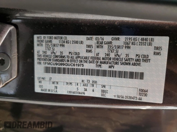 2016 Ford Escape SE с VIN 1FMCU9G99GUC61975, выставлен на аукционе Copart как лот 58042825 с пробегом 135 457 миль миль и Списание • Salvage title. История ставок и продаж доступна на DreamBid. Изображение 13.