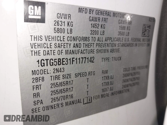 2015 GMC Canyon 2WD SLE with VIN 1GTG5BE31F1177142, listed as a IAAI auction lot 42065808 with 117,237 mi miles and . Bid and sale history available at DreamBid. Image 9.