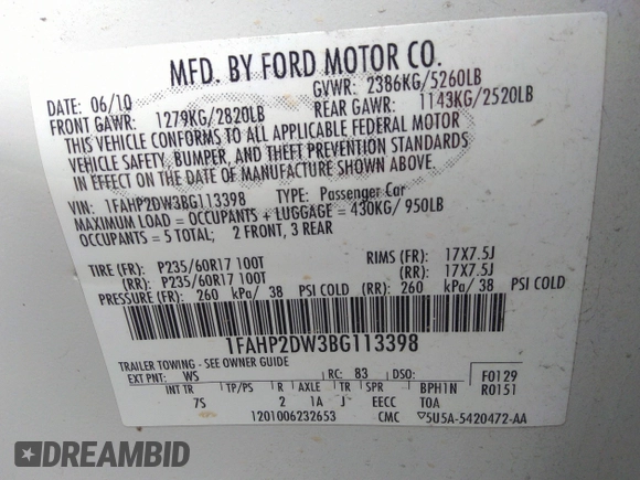 2011 Ford Taurus SE with VIN 1FAHP2DW3BG113398, listed as a IAAI auction lot 41617959 with 123,706 mi miles. Bid and sale history available at carsss.com. Image 9.