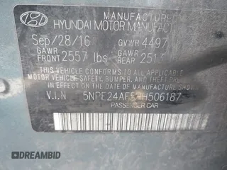2017 Hyundai Sonata SE with VIN 5NPE24AF5HH506187, listed as a IAAI auction lot 41593078 with 154,549 mi miles. Bid and sale history available at carsss.com. Image 9.