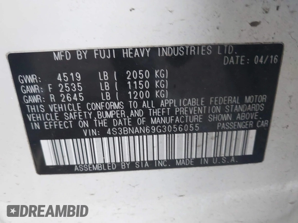 2016 Subaru Legacy Limited with VIN 4S3BNAN69G3056055, listed as a IAAI auction lot 41839172 with 129,684 mi miles and . Bid and sale history available at DreamBid. Image 9.