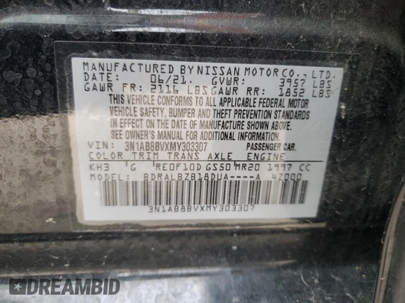 2021 Nissan Sentra S with VIN 3N1AB8BVXMY303307, listed as a Copart auction lot 49830495 with 66,832 mi miles and Salvage Title. Bid and sale history available at DreamBid. Image 12.