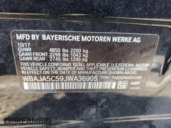 2018 BMW 5 Series 530i with VIN WBAJA5C59JWA36905, listed as a Copart auction lot 42958585 with 54,290 mi miles and Salvage Title. Bid and sale history available at DreamBid. Image 13.