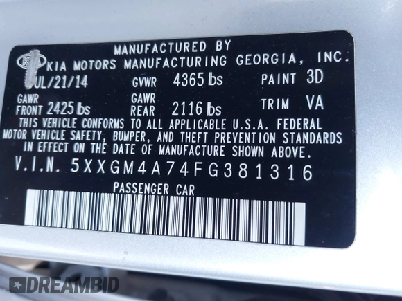 2015 Kia Optima LX with VIN 5XXGM4A74FG381316, listed as a IAAI auction lot 41885940 with 128,984 mi miles. Bid and sale history available at carsss.com. Image 9.