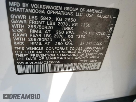 2021 Volkswagen Atlas SE with VIN 1V2RE2CA8MC226055, listed as a Copart auction lot 42681735 with 34,920 mi miles and Salvage title. Bid and sale history available at DreamBid. Image 15.
