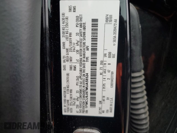 2021 Ford Escape Titanium with VIN 1FMCU9J97MUA58524, listed as a Copart auction lot 61045765 with 91,575 mi miles and Clean title. Bid and sale history available at DreamBid. Image 14.