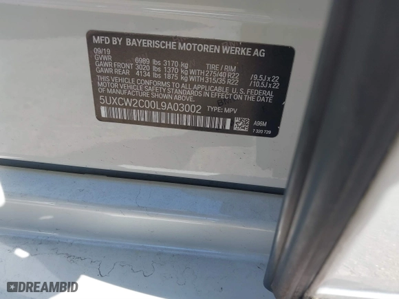 2020 BMW X7 xDrive40i with VIN 5UXCW2C00L9A03002, listed as a IAAI auction lot 41856130 with 33,713 mi miles. Bid and sale history available at carsss.com. Image 9.
