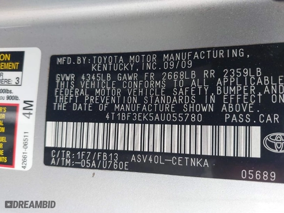 2010 Toyota Camry with VIN 4T1BF3EK5AU055780, listed as a IAAI auction lot 41876806 with 41,454 mi miles. Bid and sale history available at carsss.com. Image 9.