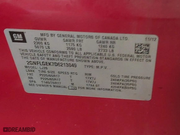 2013 Chevrolet Equinox LTZ with VIN 2GNFLGEK7D6213049, listed as a IAAI auction lot 41589133 with 64,486 mi miles. Bid and sale history available at carsss.com. Image 9.