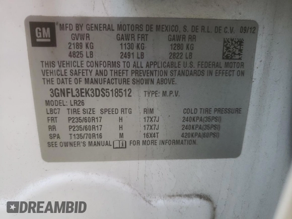 2013 Chevrolet Captiva Sport LT with VIN 3GNFL3EK3DS518512, listed as a Copart auction lot 52532805 with 73,538 mi miles and Salvage Title. Bid and sale history available at carsss.com. Image 15.