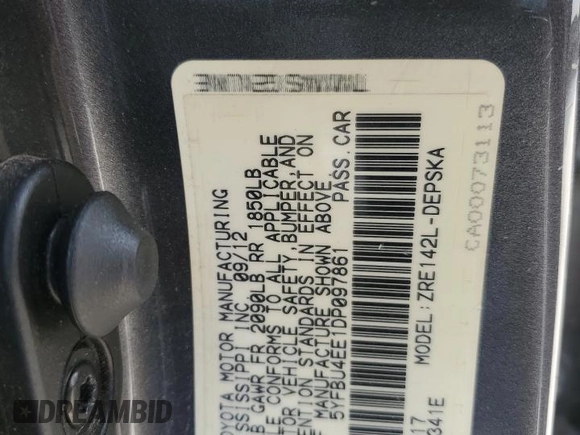 2013 Toyota Corolla L with VIN 5YFBU4EE1DP097861, listed as a Copart auction lot 55872854 with 144,063 mi miles and Clean Title. Bid and sale history available at DreamBid. Image 12.