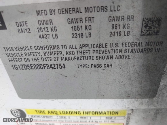 2012 Chevrolet Malibu LT w/2LT with VIN 1G1ZD5E00CF342754, listed as a IAAI auction lot 41911857 with 146,440 mi miles. Bid and sale history available at carsss.com. Image 9.