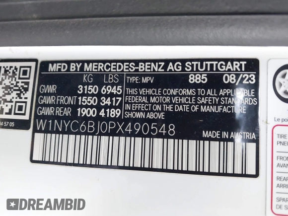 2023 Mercedes-Benz G 550 with VIN W1NYC6BJ0PX490548, listed as a IAAI auction lot 41959564 with 43,700 mi miles and . Bid and sale history available at carsss.com. Image 9.