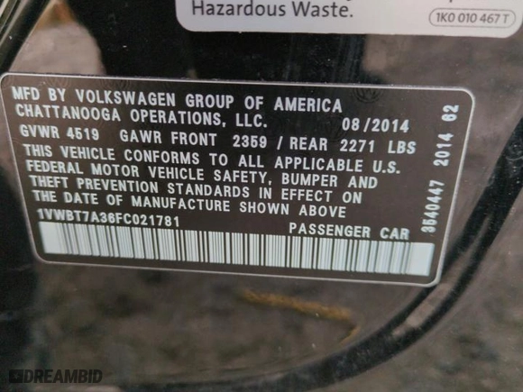 2015 Volkswagen Passat 1.8T Sport with VIN 1VWBT7A36FC021781, listed as a Copart auction lot 85347624 with 165,888 mi miles and Salvage Title. Bid and sale history available at carsss.com. Image 12.