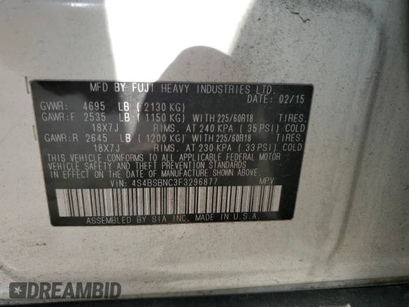 2015 Subaru Outback Limited with VIN 4S4BSBNC3F3296877, listed as a Copart auction lot 52371515 with 117,557 mi miles and Salvage Title. Bid and sale history available at DreamBid. Image 13.