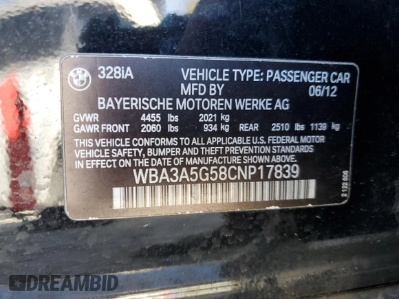 2012 BMW 3 Series 328i with VIN WBA3A5G58CNP17839, listed as a Copart auction lot 53376565 with Not Provided miles and Clean Title. Bid and sale history available at carsss.com. Image 12.