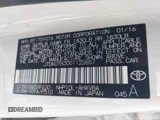 2016 Toyota Prius One with VIN JTDKDTB30G1122657, listed as a IAAI auction lot 42054090 with 108,229 mi miles and . Bid and sale history available at DreamBid. Image 9.