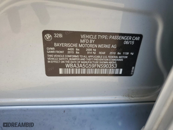 2015 BMW 3 Series 328i with VIN WBA3A5G59FNS90353, listed as a Copart auction lot 47984155 with 165,616 mi miles and Salvage Title. Bid and sale history available at carsss.com. Image 13.
