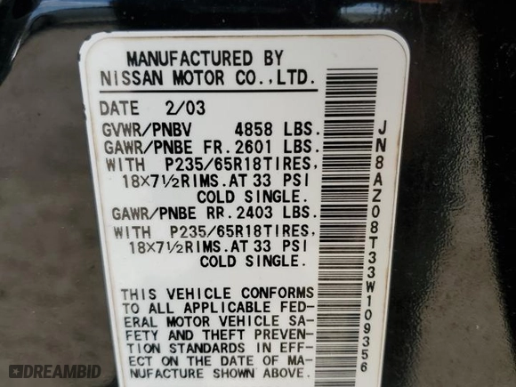 2003 Nissan Murano SL with VIN JN8AZ08T33W109356, listed as a Copart auction lot 77529424 with 0 mi miles and Non Repairable. Bid and sale history available at carsss.com. Image 14.