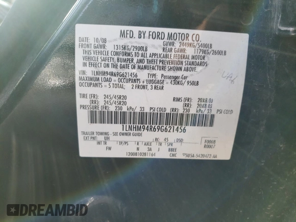 2009 Lincoln MKS with VIN 1LNHM94R69G621456, listed as a Copart auction lot 46830445 with 161,656 mi miles and Salvage Title. Bid and sale history available at carsss.com. Image 12.