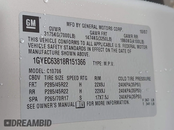 2008 Cadillac Escalade with VIN 1GYEC63818R151366, listed as a IAAI auction lot 41563949 with 272,163 mi miles. Bid and sale history available at carsss.com. Image 9.
