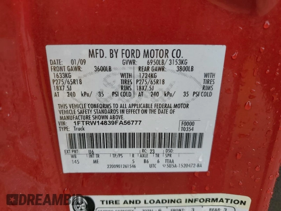 2009 Ford F-150 XL with VIN 1FTRW14839FA56777, listed as a Copart auction lot 55344665 with 217,031 mi miles and Clean title. Bid and sale history available at DreamBid. Image 13.