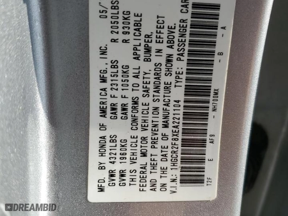 2014 Honda Accord Sedan EX-L with VIN 1HGCR2F8XEA221104, listed as a Copart auction lot 59511484 with 109,196 mi miles and Salvage Title. Bid and sale history available at carsss.com. Image 13.