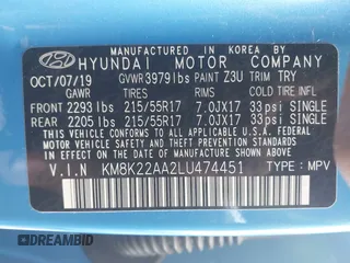 2020 Hyundai Kona SEL with VIN KM8K22AA2LU474451, listed as a IAAI auction lot 41707366 with 40,329 mi miles. Bid and sale history available at carsss.com. Image 9.